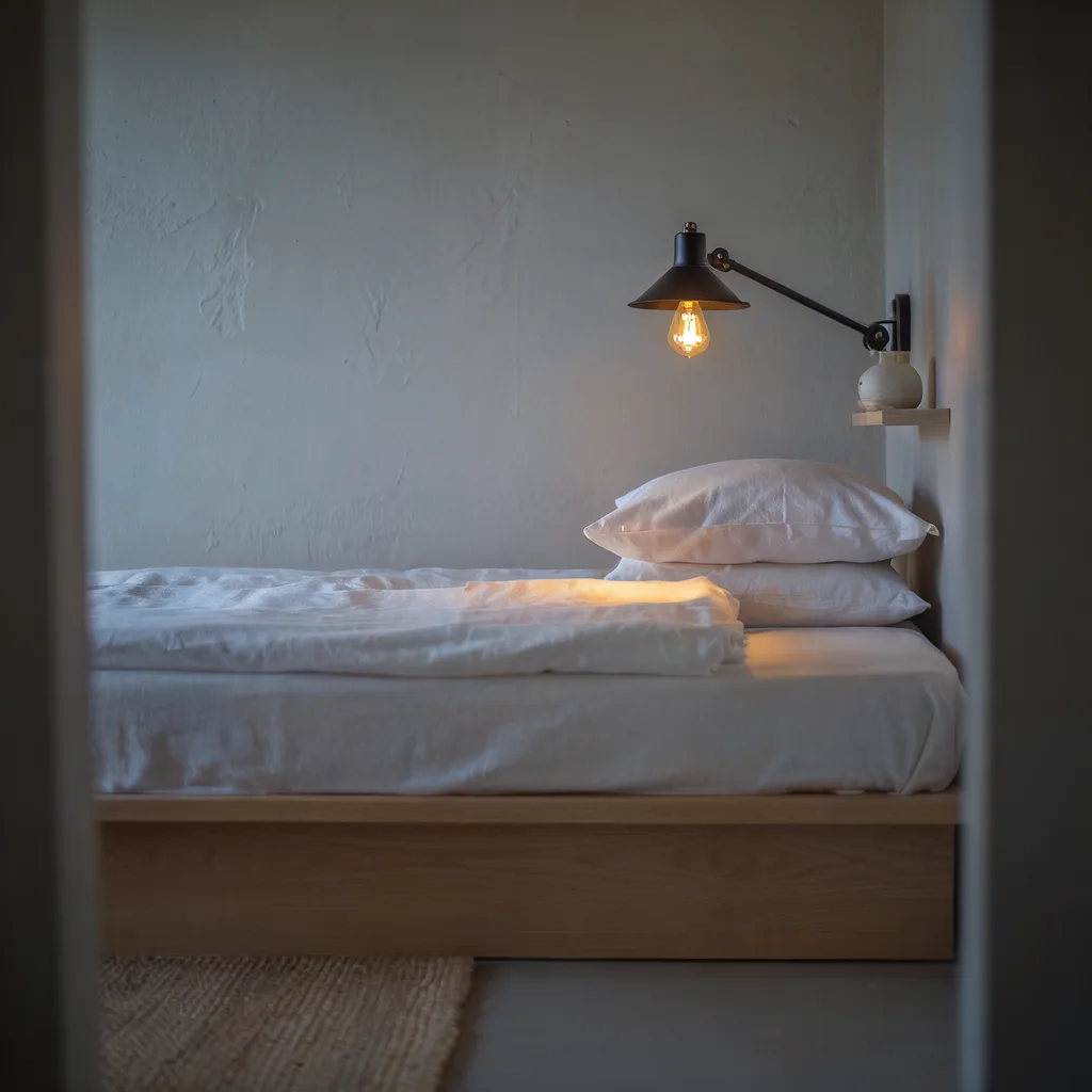 Matte black swing-arm sconces above bed