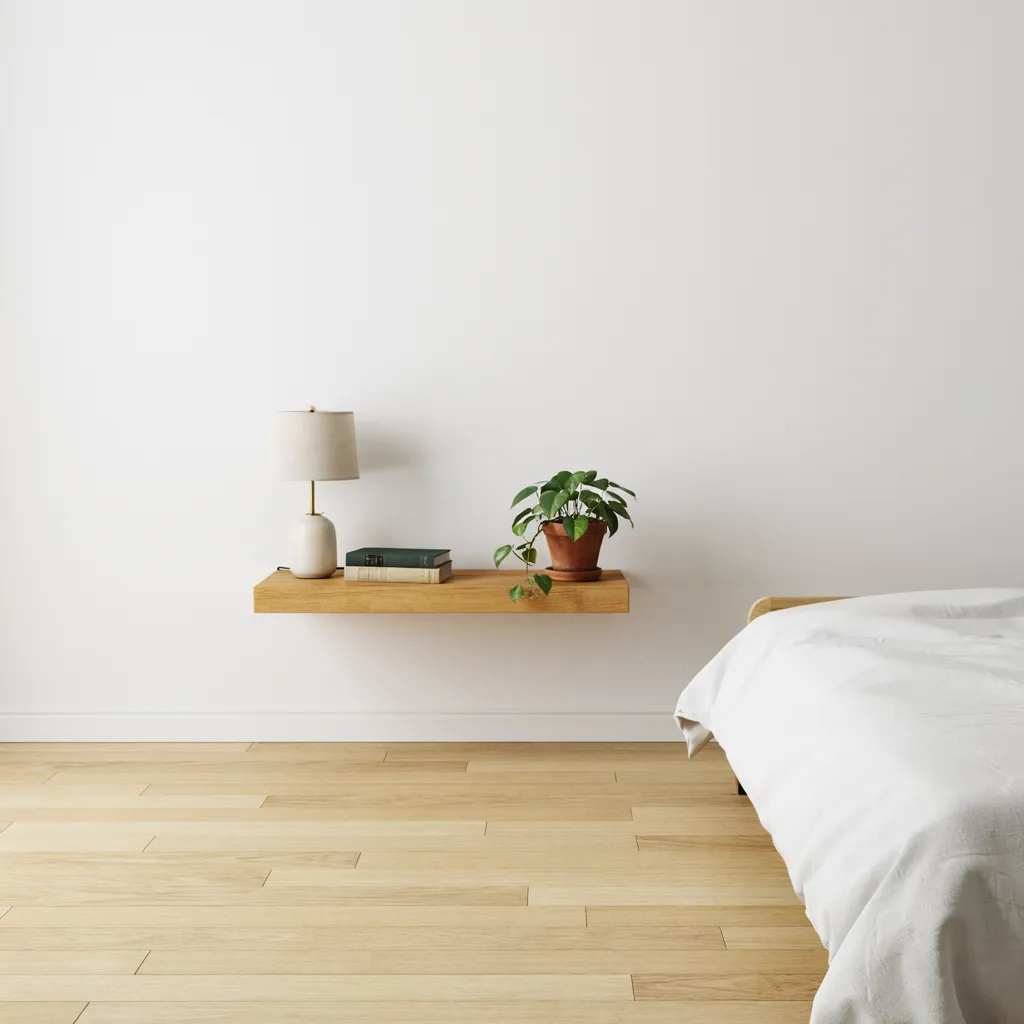 Floating wall-mounted nightstands beside bed