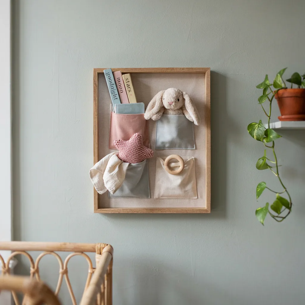 Framed canvas wall pockets holding toys