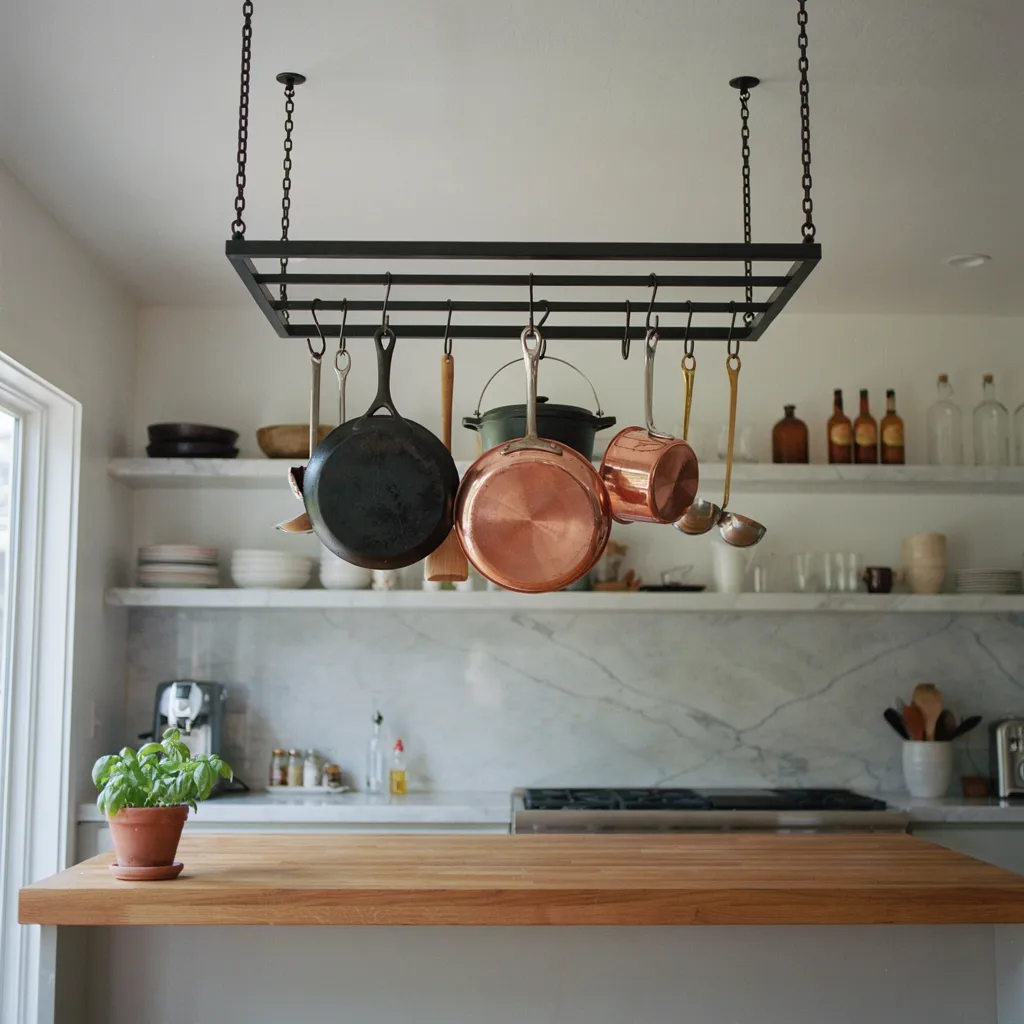 Ceiling-mounted pot rail with hanging cookware
