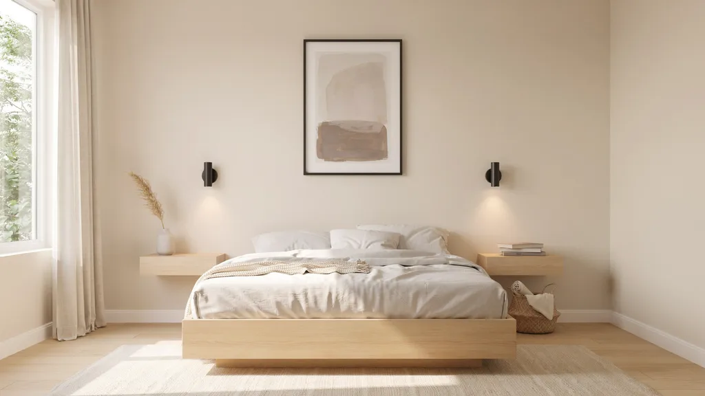 Minimalist bedroom design with neutral tones and natural wood furniture