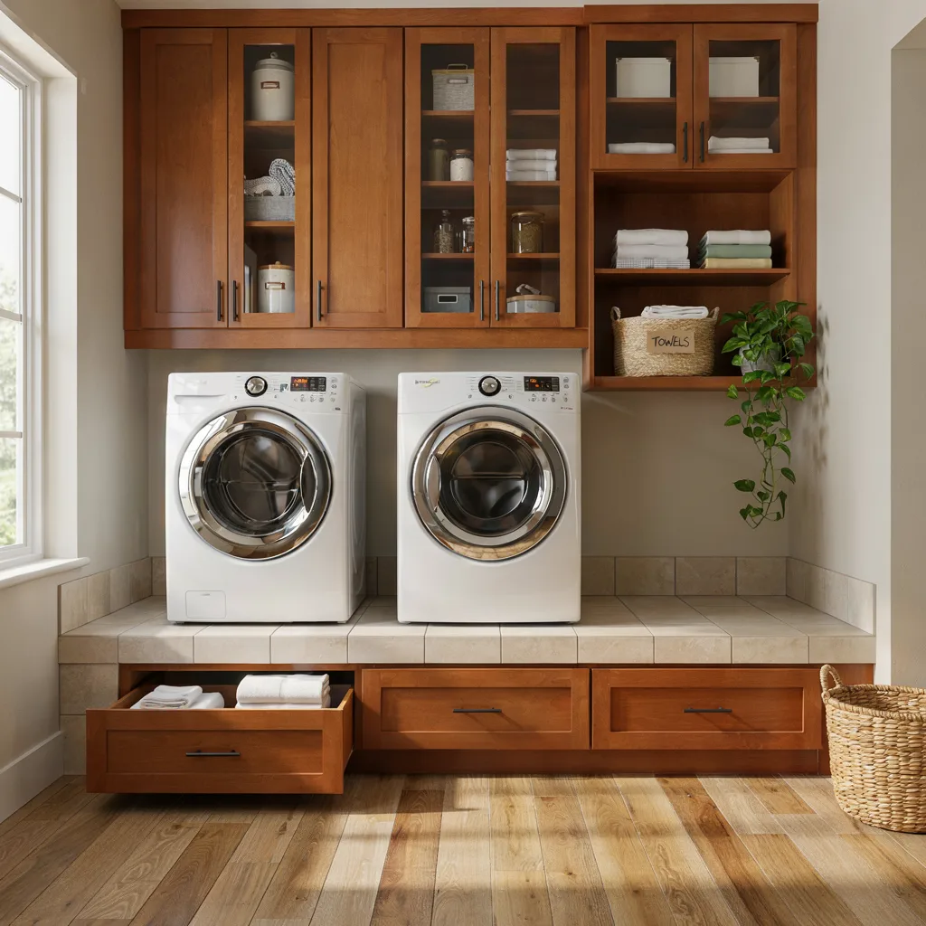 Raised washer and dryer pedestal with storage drawers
