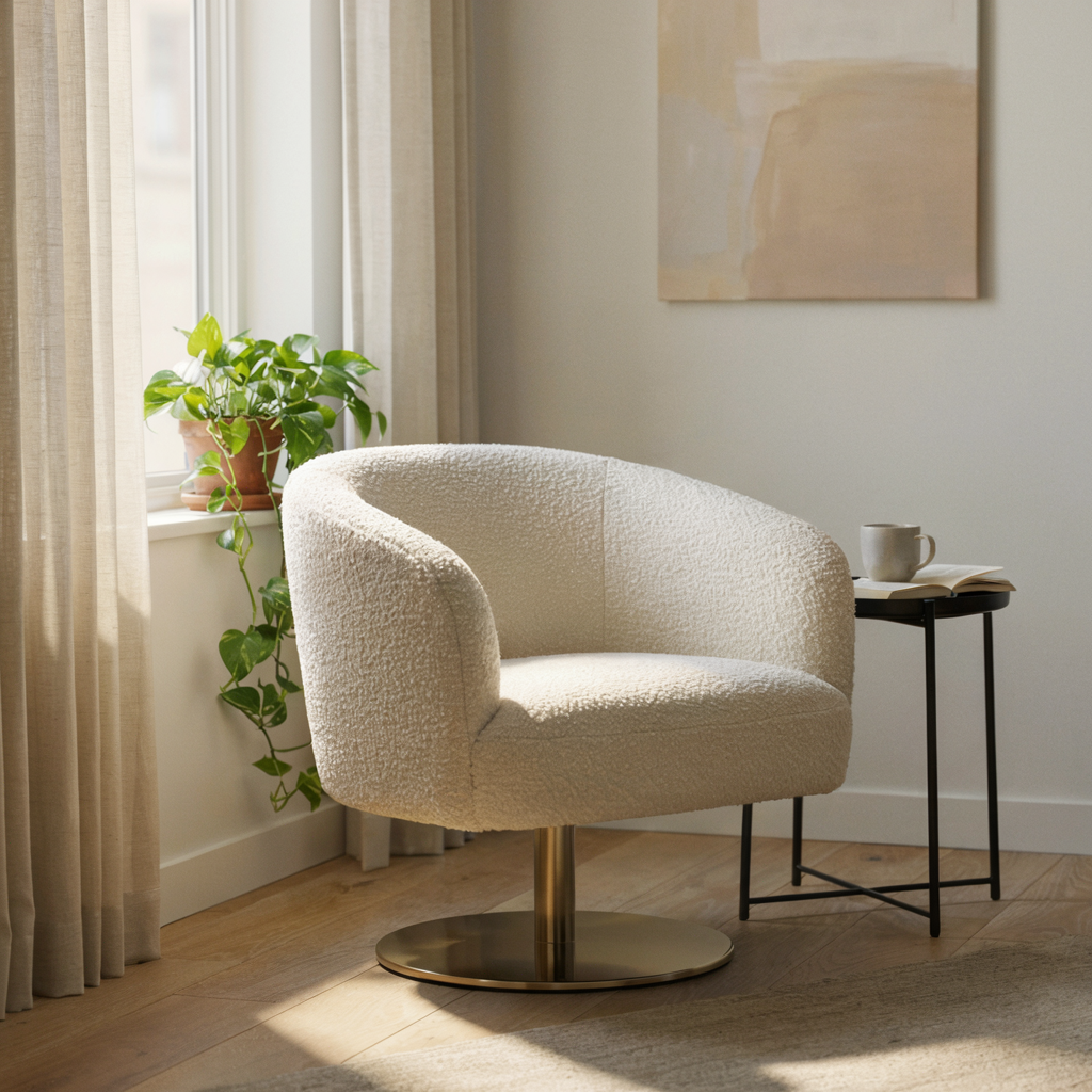 Oversized bouclé swivel chair by window
