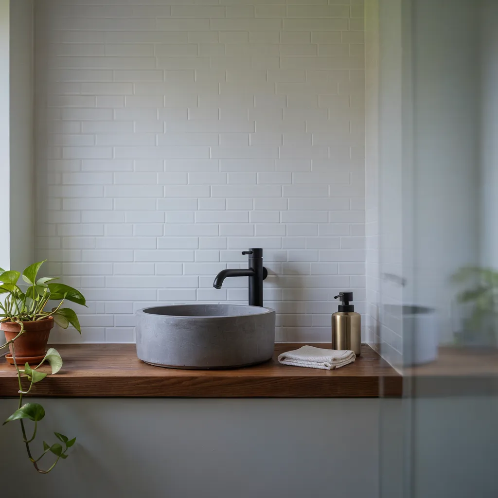 Concrete vessel sink guest bathroom vanity