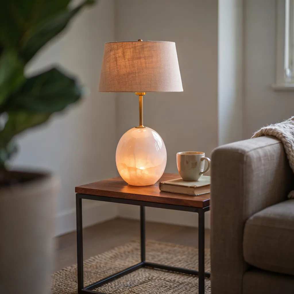 Alabaster stone table lamp on side table

