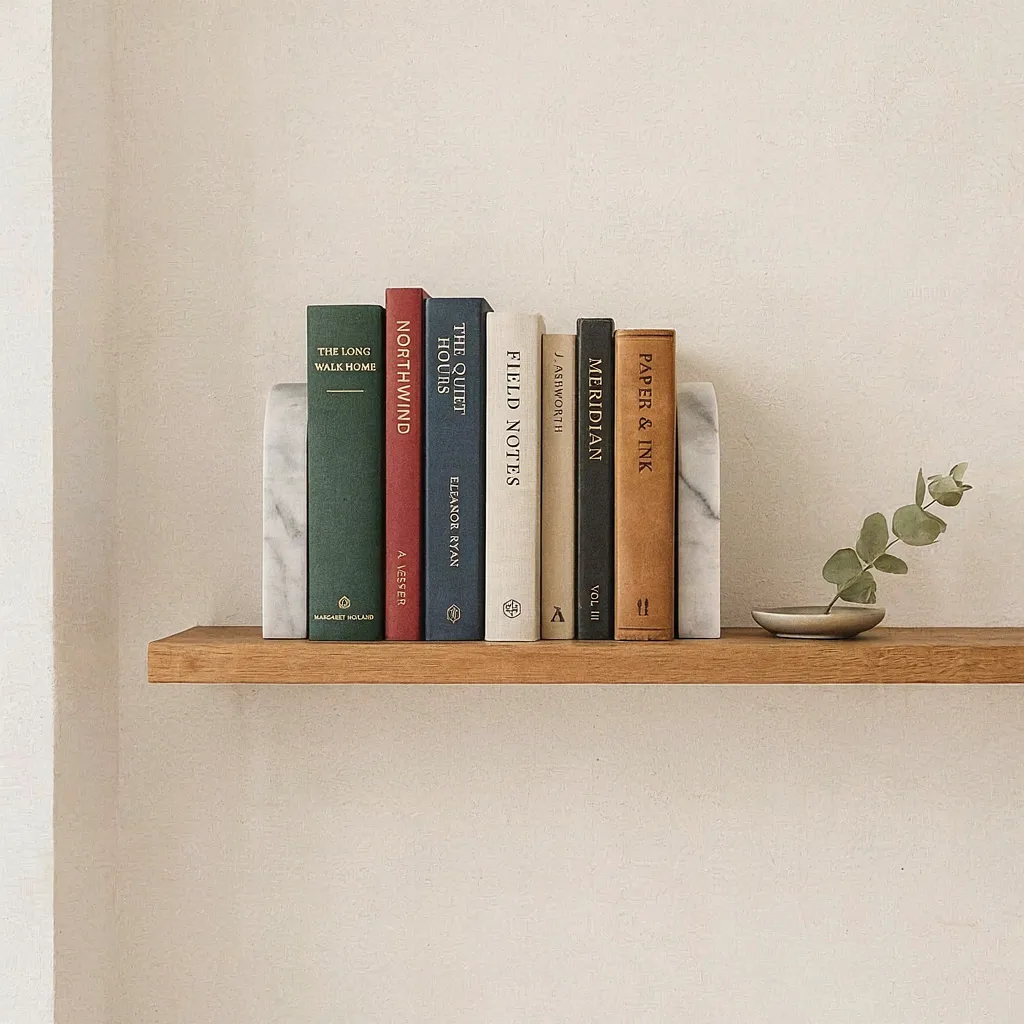Marble bookends holding hardcover books on shelf