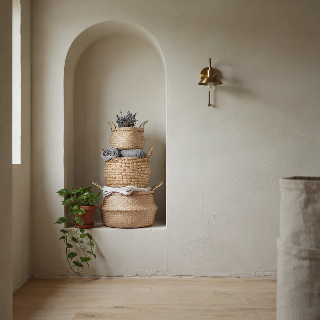 Arched wall niche with woven storage baskets
