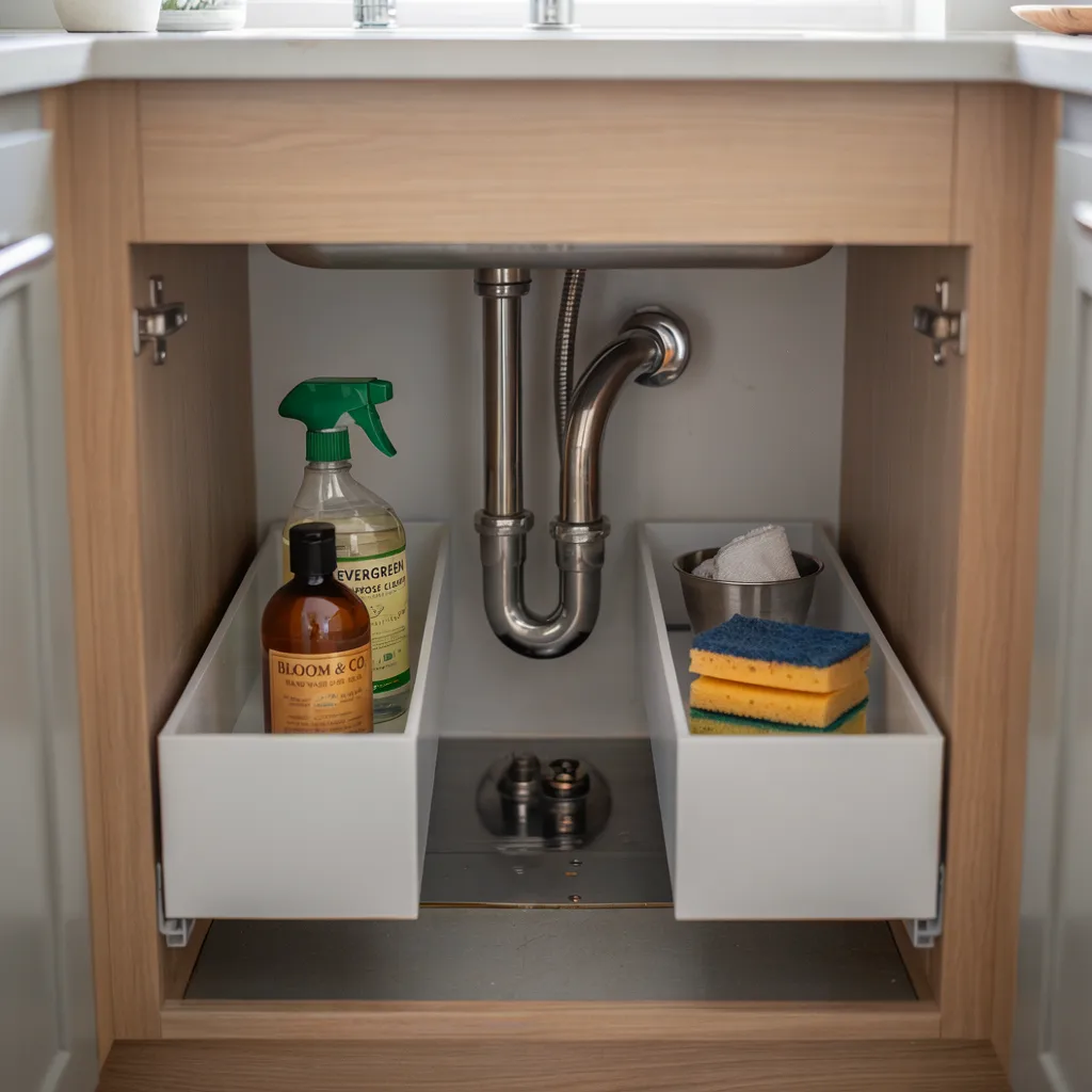 Under-sink U-shaped pull-out drawer with cleaning supplies