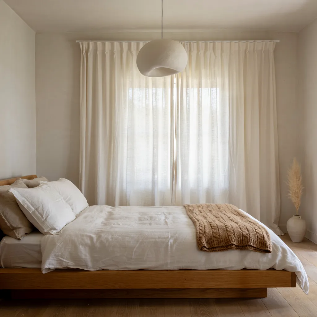 Sculptural pendant light above bedroom bed