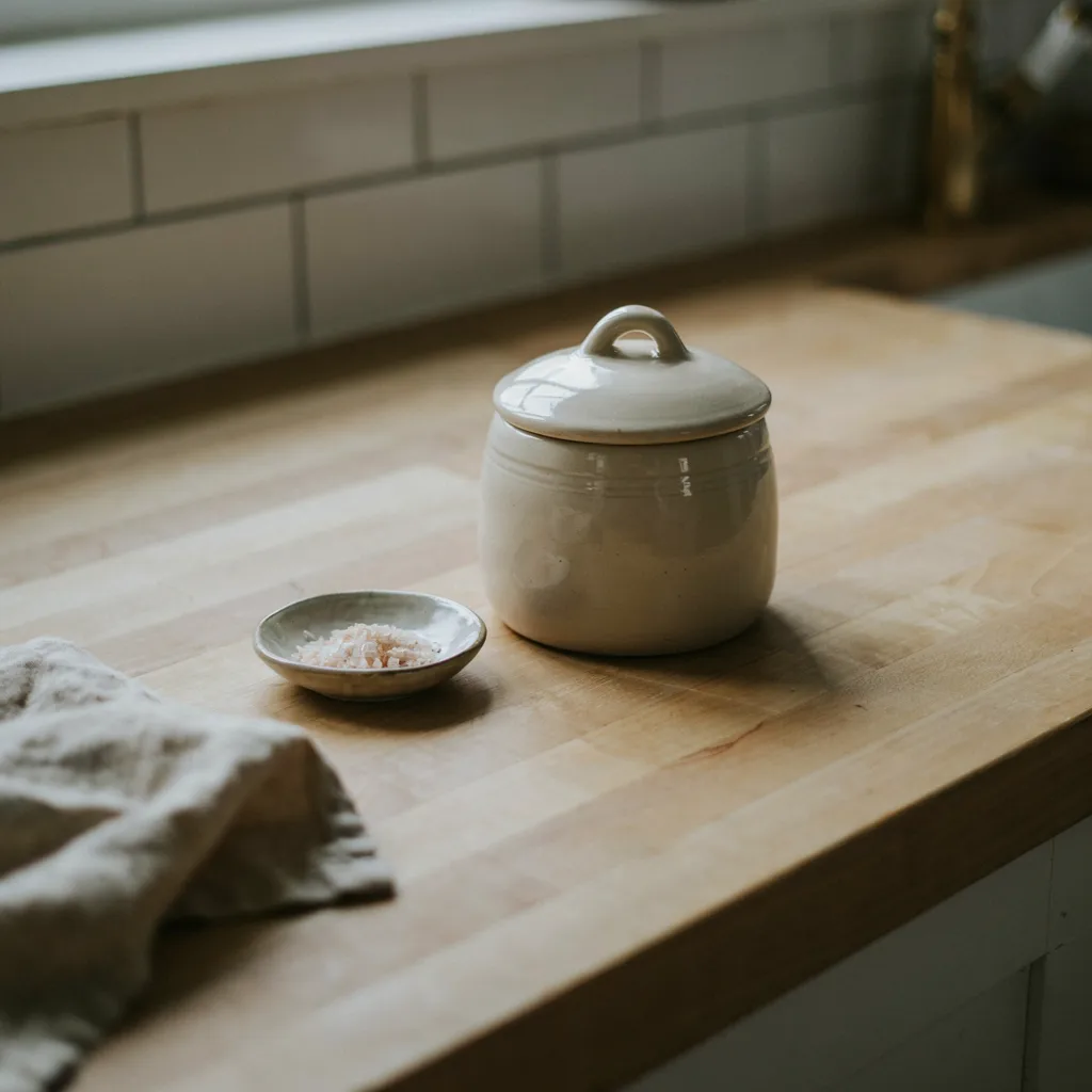 Domed ceramic butter keeper on kitchen counter