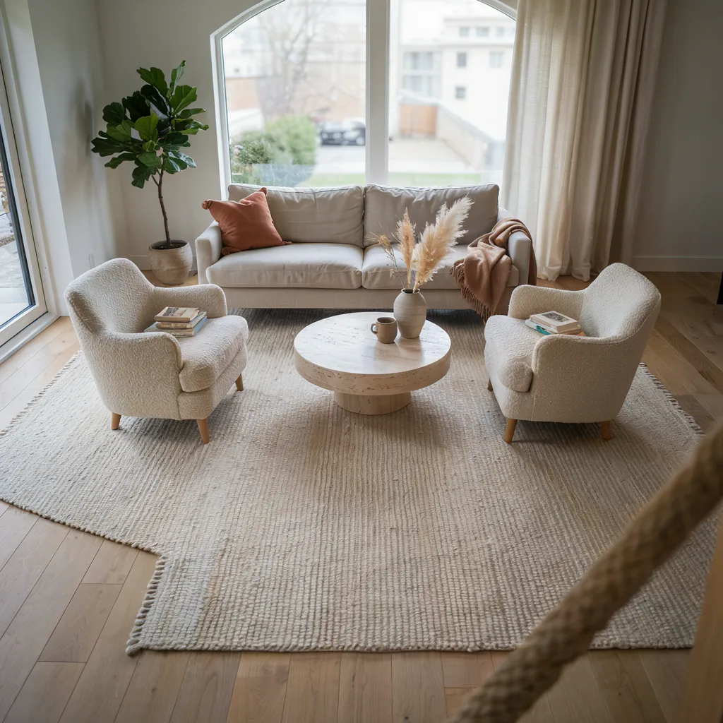 Oversized woven wool rug anchoring living room furniture

