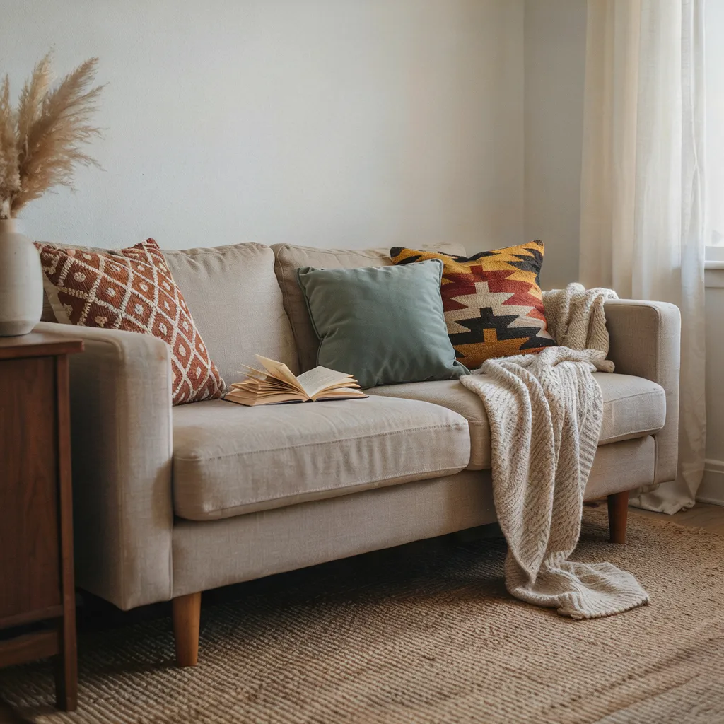 Mixed pattern cushions on sofa