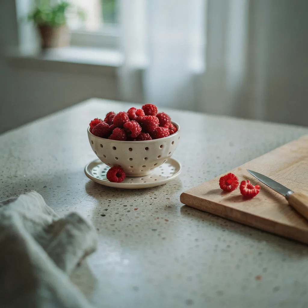 Perforated ceramic berry bowl with fresh raspberries