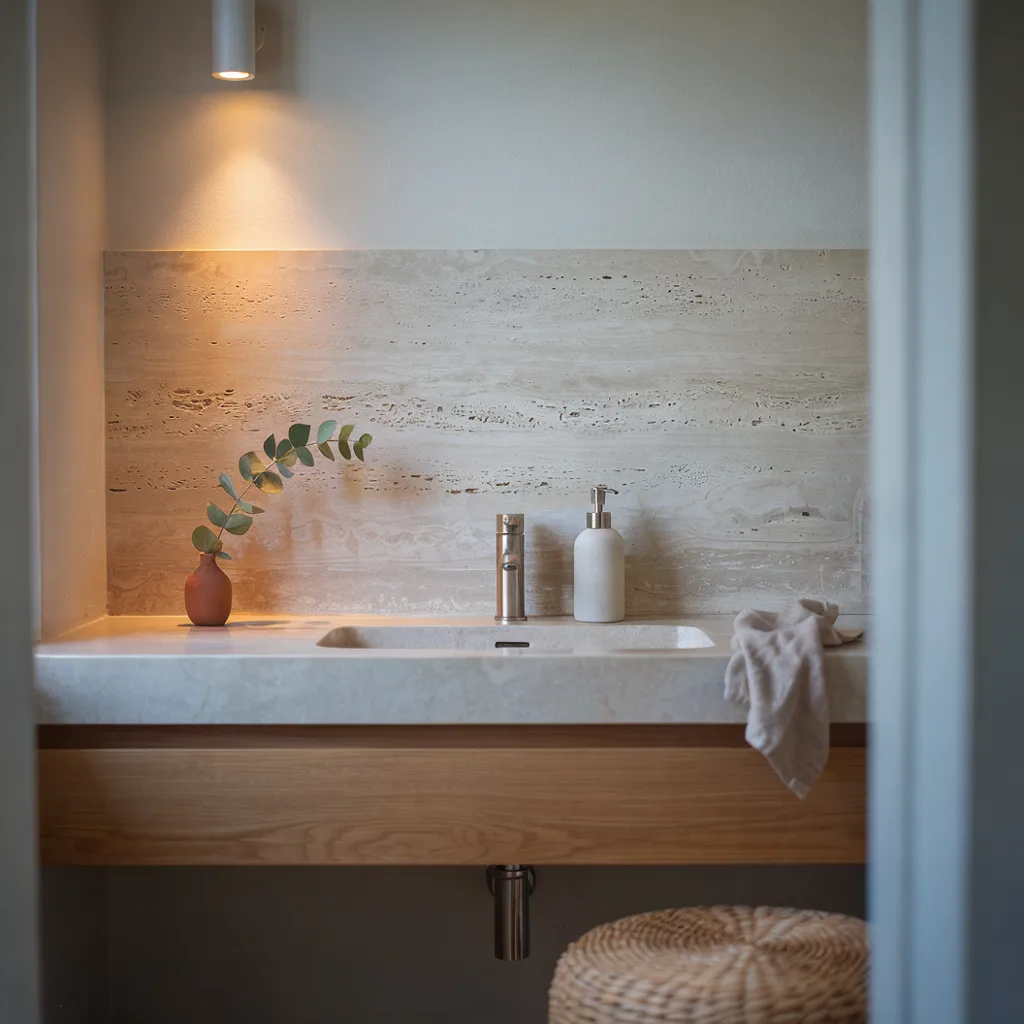 Travertine backsplash slab guest bathroom vanity