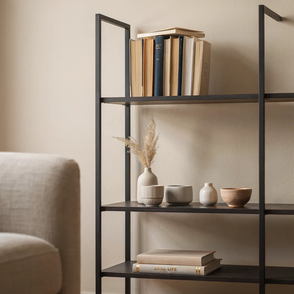 Matte black iron display shelving on living room wall
