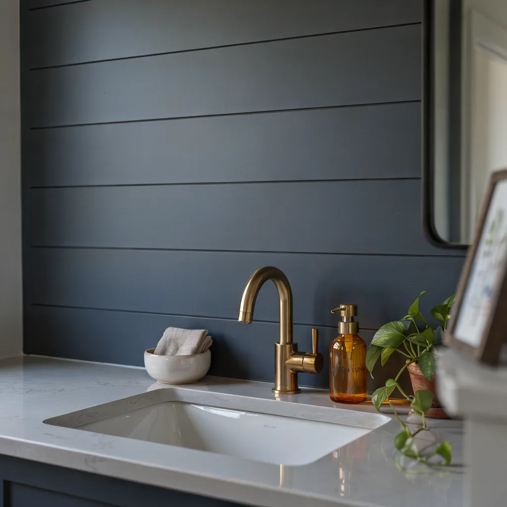 Brushed brass gooseneck faucet guest bathroom vanity