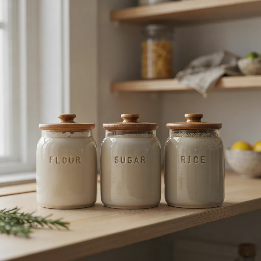 Stoneware canisters with wooden lids on pantry shelf