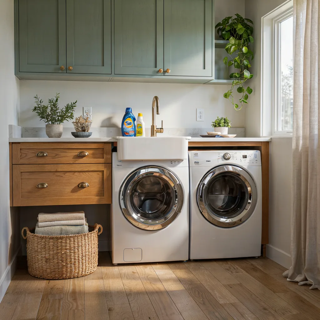Sage green and oak two-tone laundry cabinets
