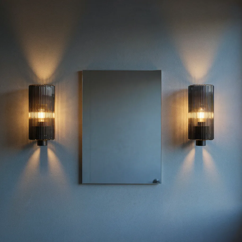 Smoked glass sconces guest bathroom mirror