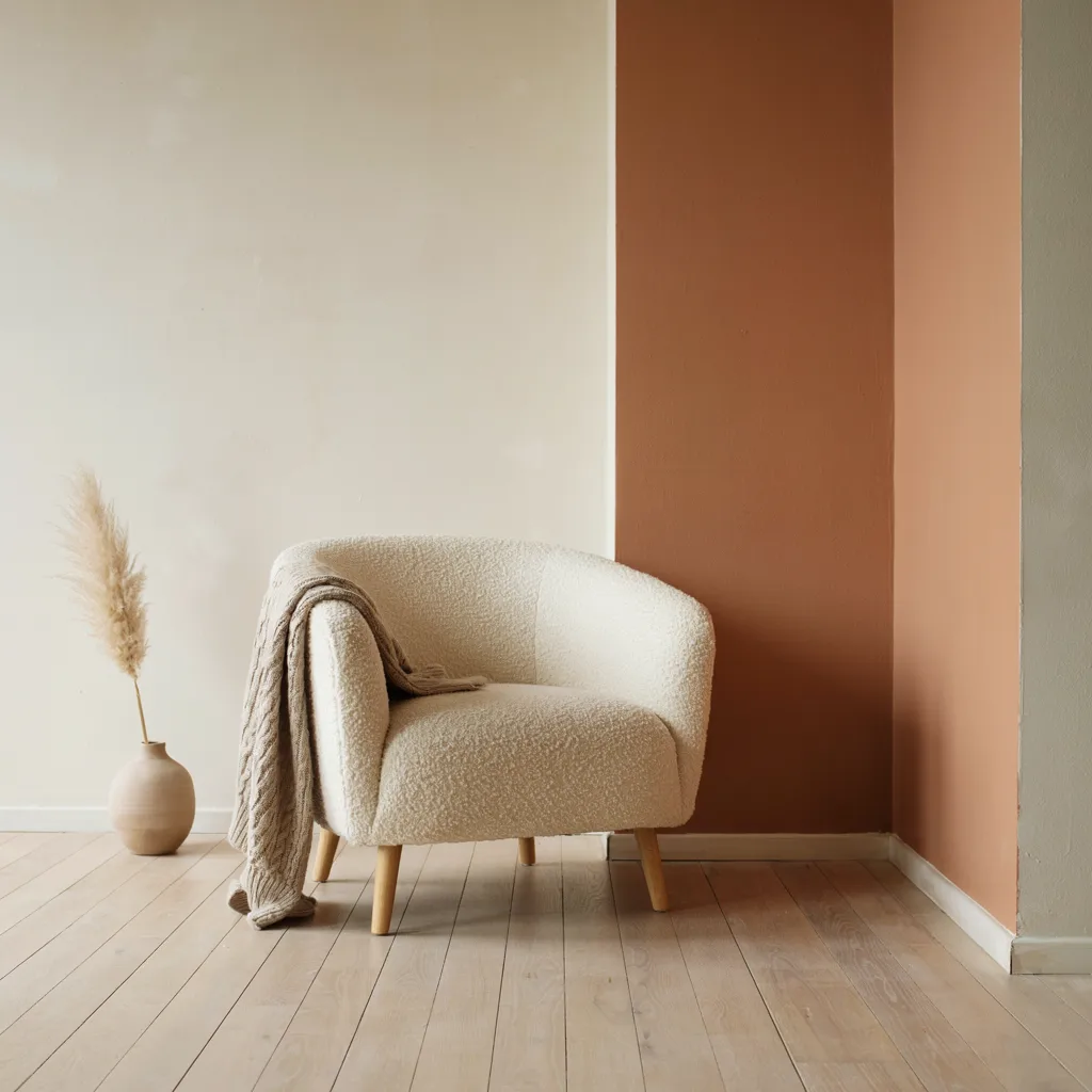 Terracotta color-blocked accent wall behind chair
