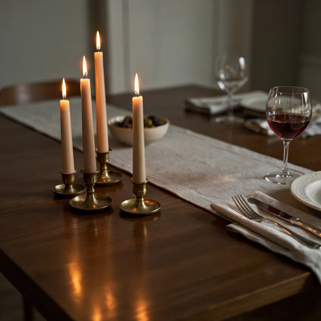 Unlacquered brass taper candle holders on dining table