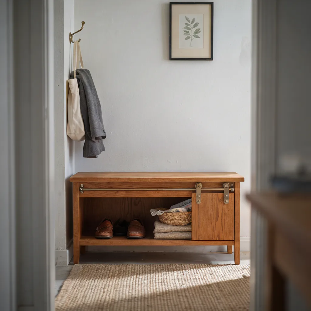 Storage bench with sliding barn door front