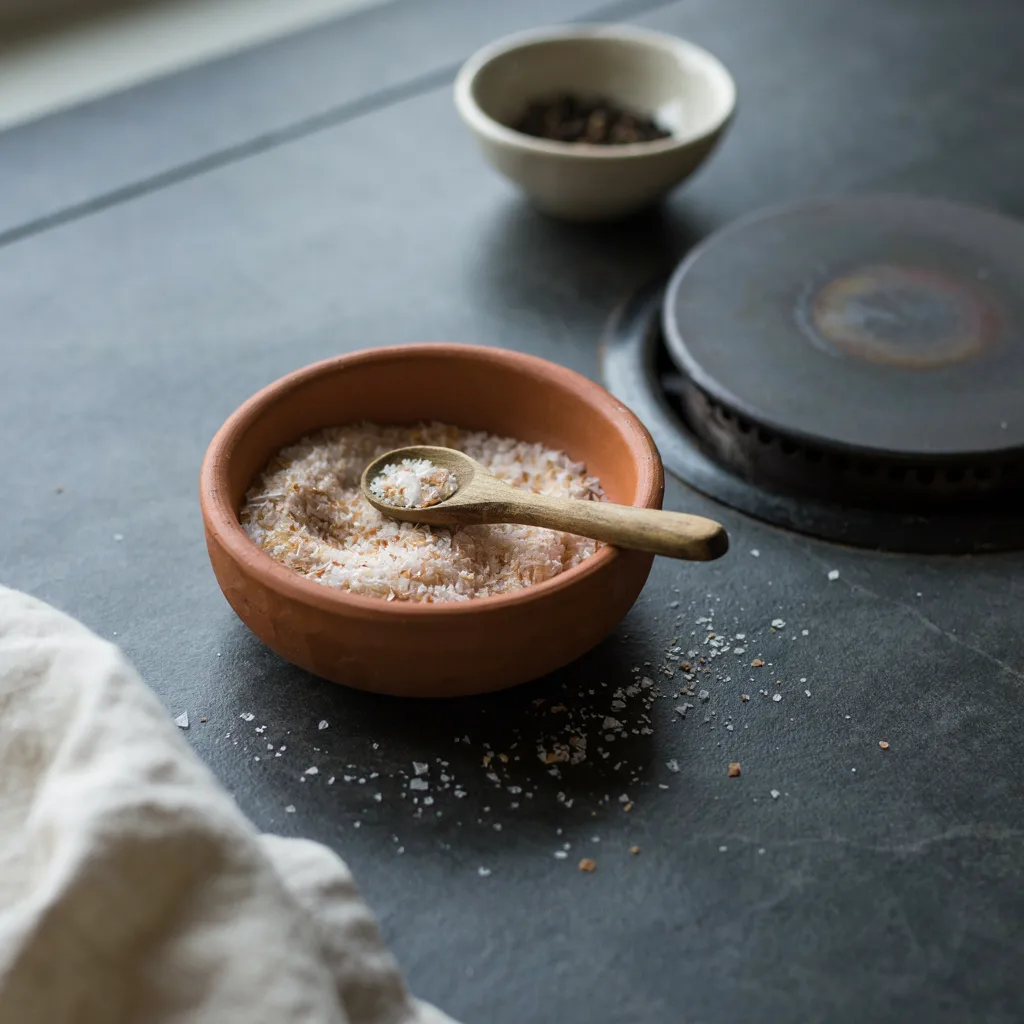 Small clay salt cellar with wooden spoon