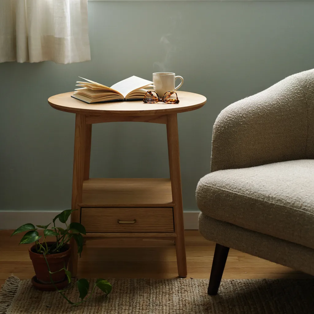 Round side table with storage drawer