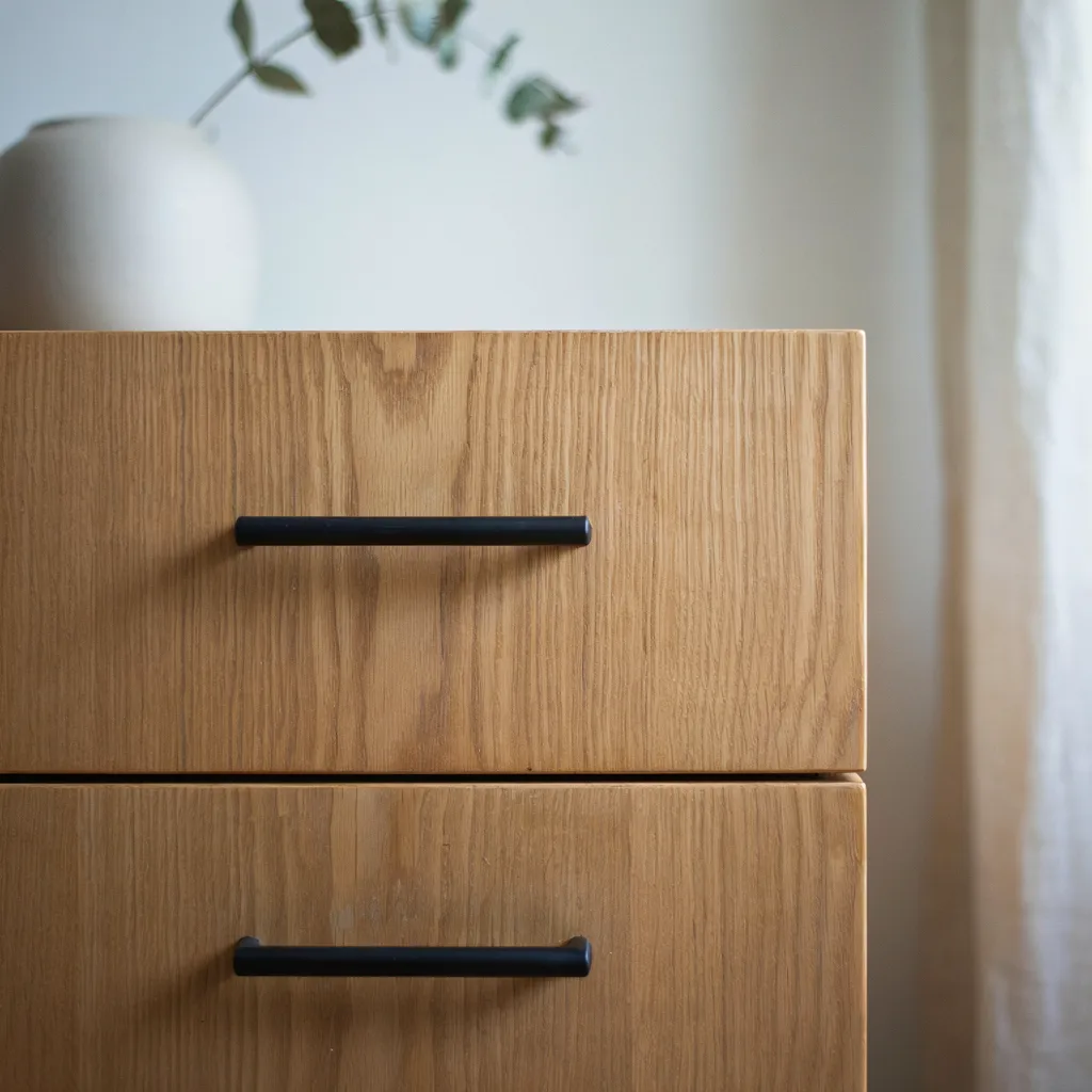 Matte black hardware on wood bedroom furniture