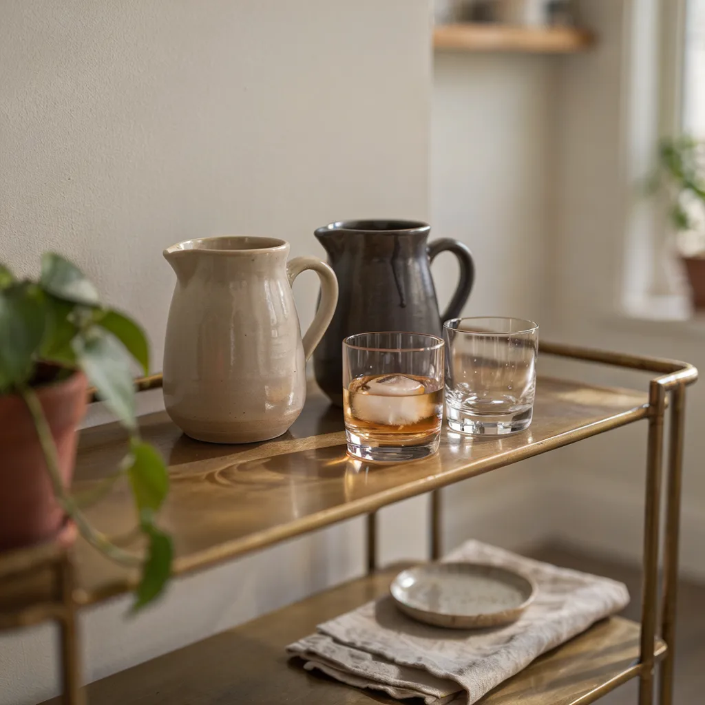 Stoneware pitcher set on brass bar cart
