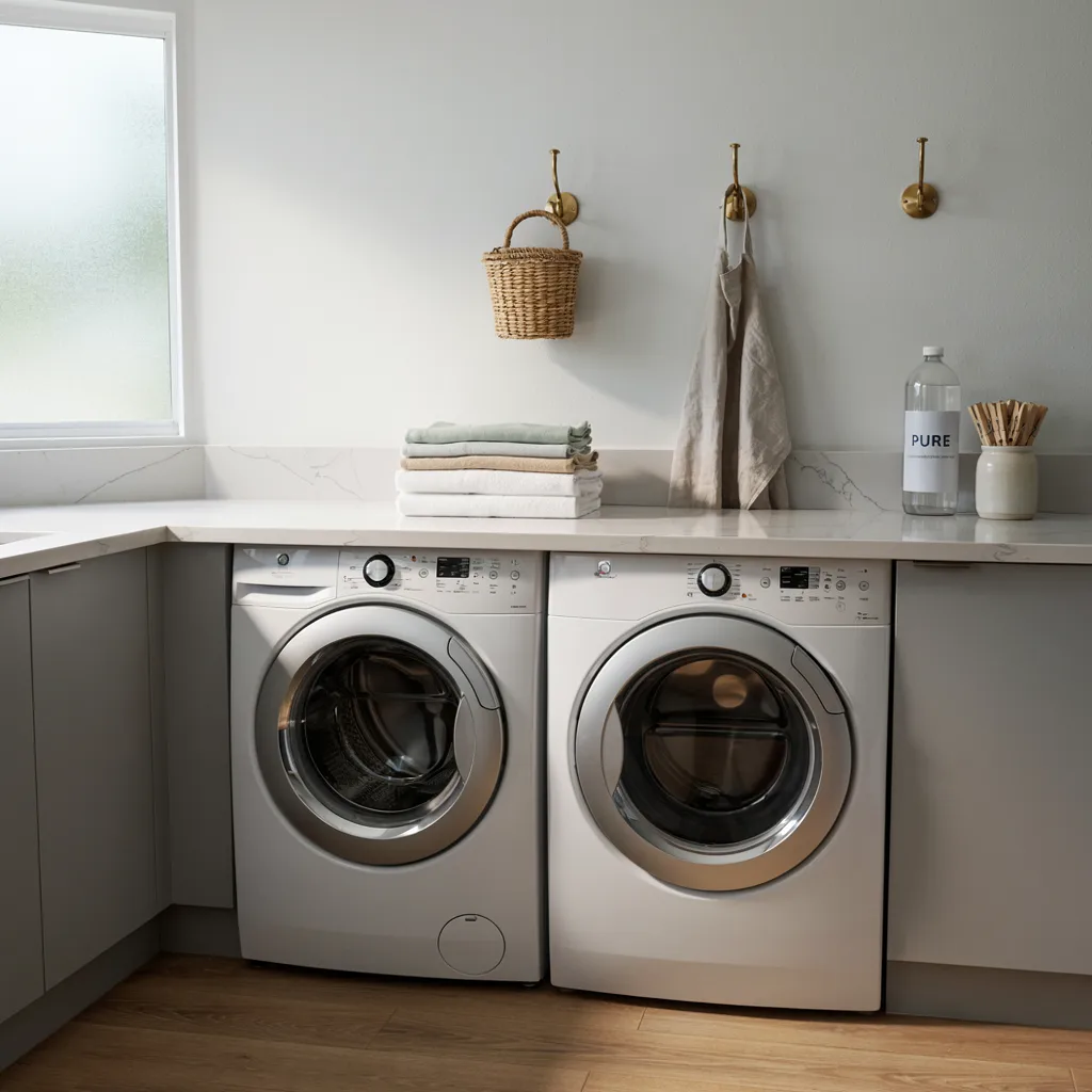 Quartz countertop over front-load washer and dryer
