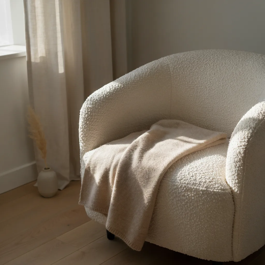 Cashmere throw draped over boucle accent chair