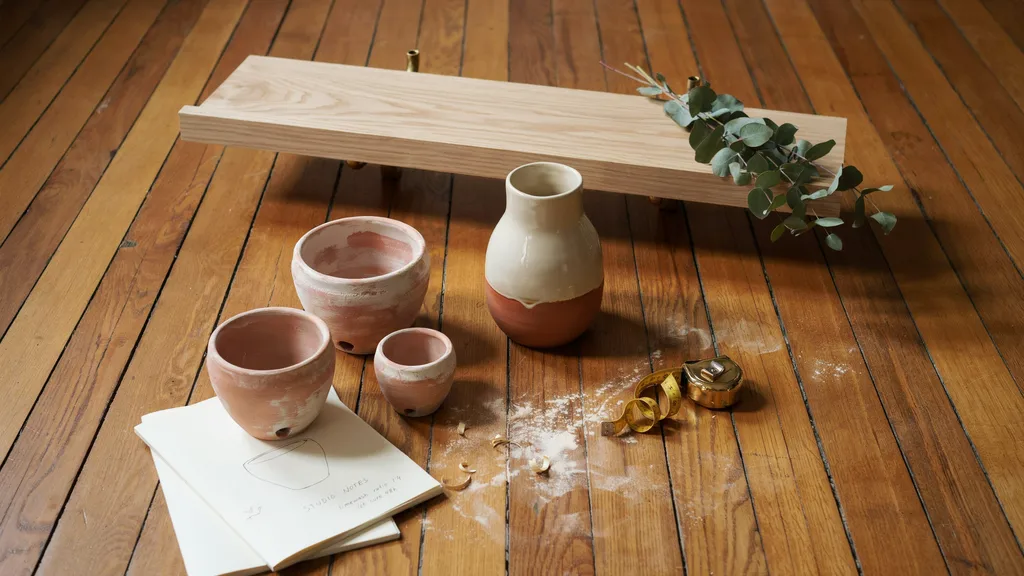 DIY home decor ideas flat lay with oak ledge and ceramic vase