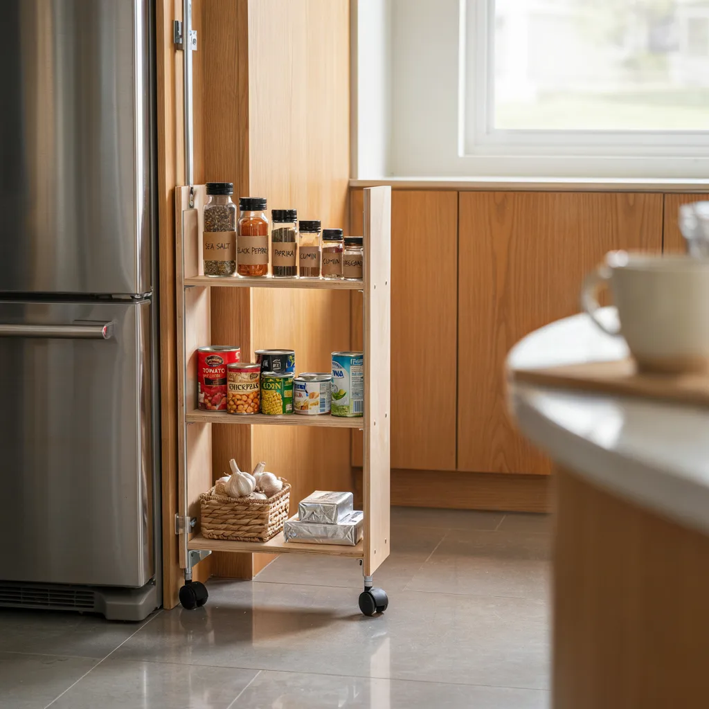 Slim roll-out pantry cabinet in narrow kitchen gap