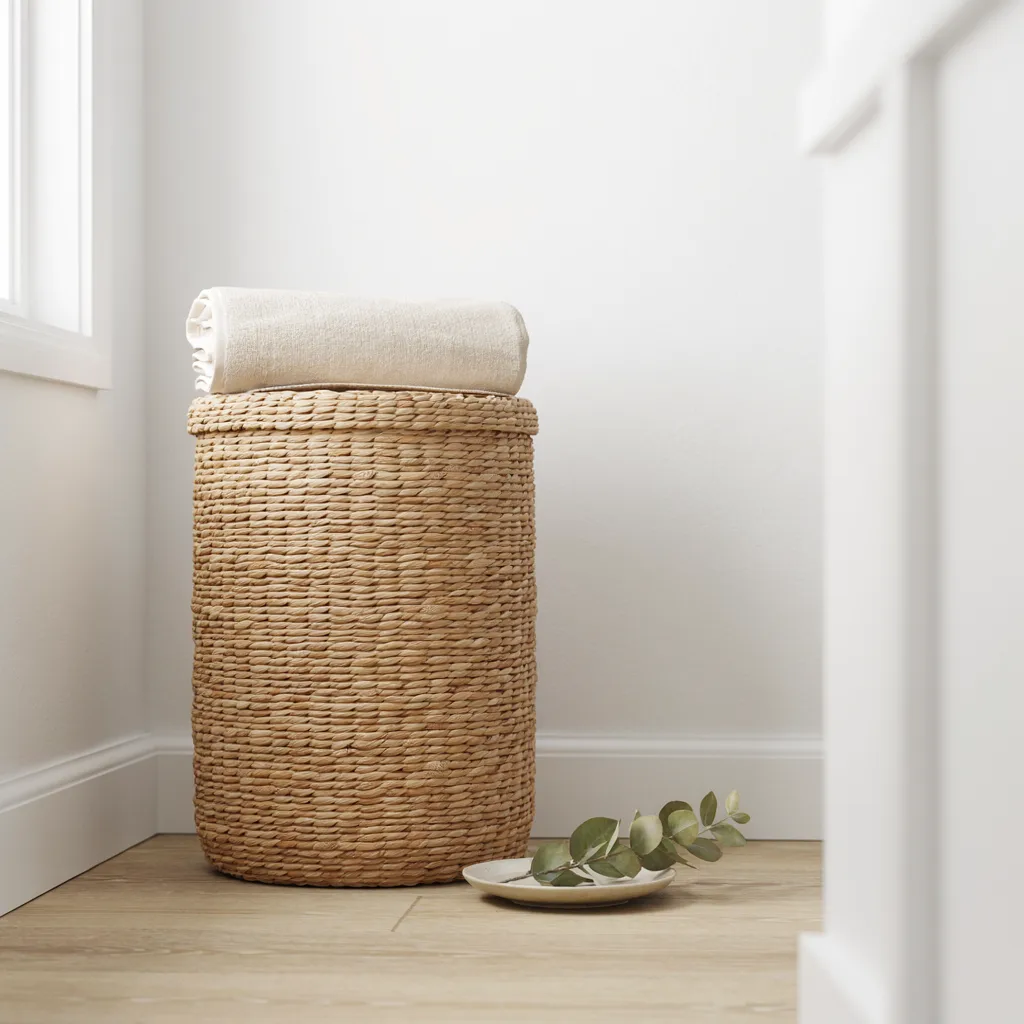 Woven seagrass storage basket guest bathroom