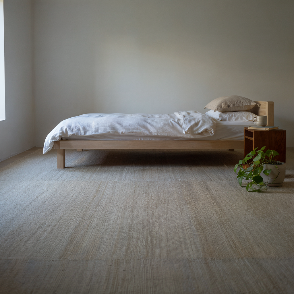 Low-pile neutral wool rug under bed