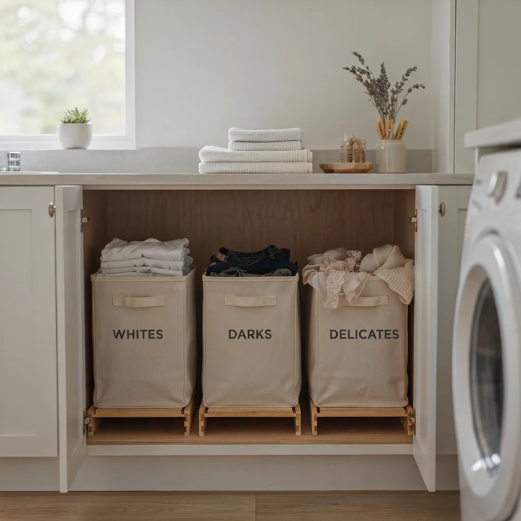 Built-in canvas laundry sorting drawers
