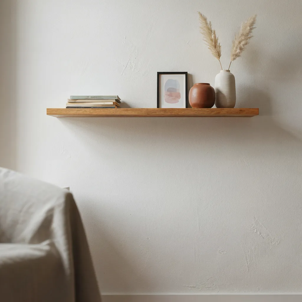 Floating shelf styled with ceramic vases