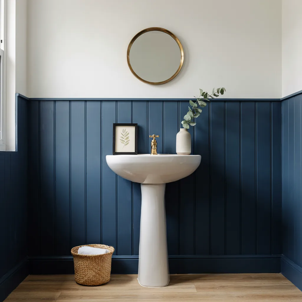 Navy board and batten guest bathroom walls
