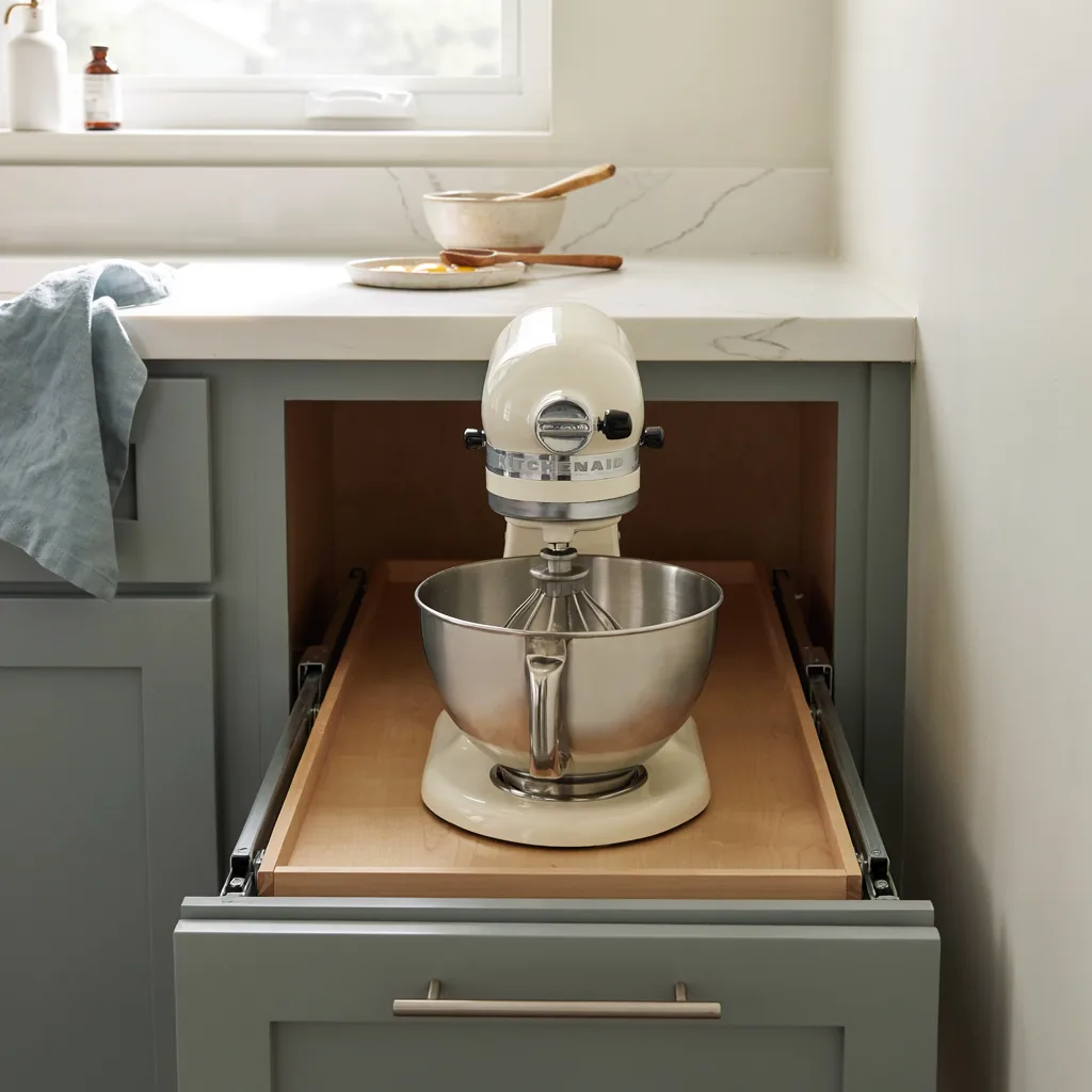 Stand mixer on slide-out shelf in lower cabinet