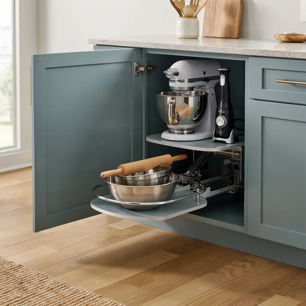 Blind-corner swing-out shelf with mixing bowls