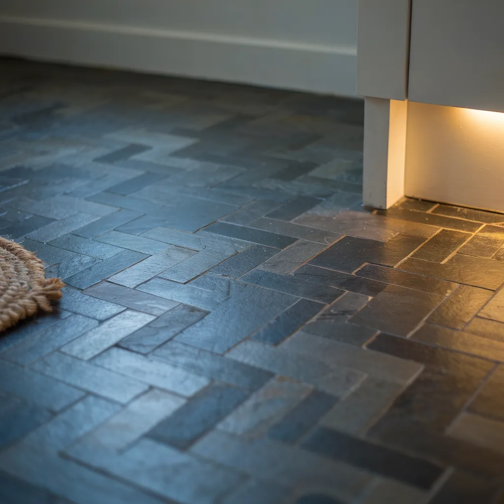 Herringbone charcoal slate guest bathroom floor