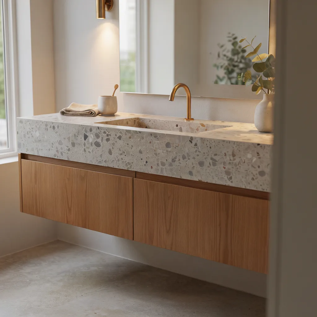 Floating vanity with terrazzo countertop and brass faucet
