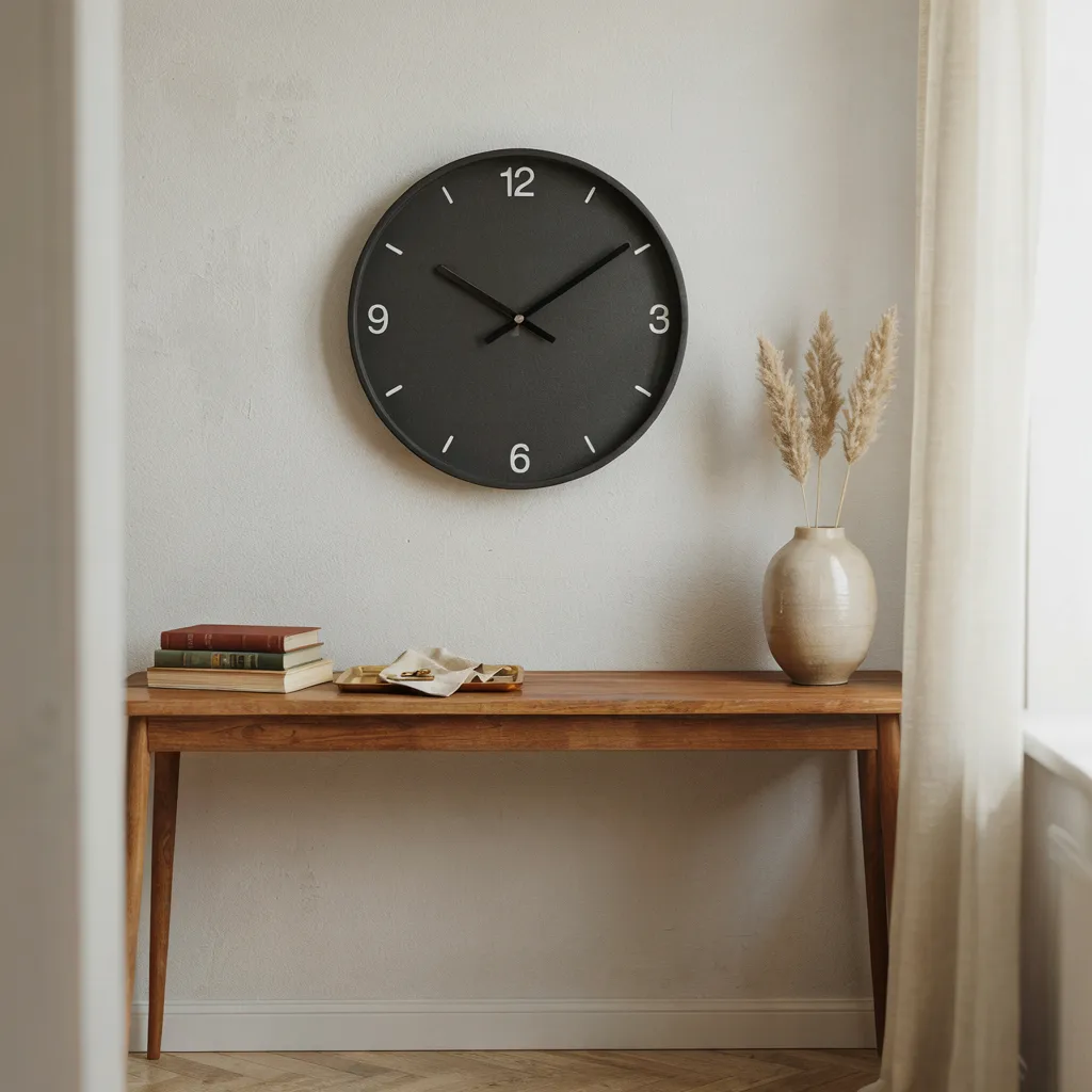 Oversized black wall clock above console table