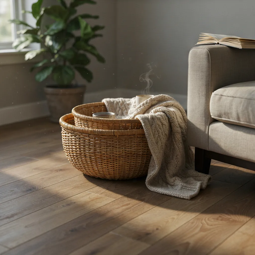 Nested rattan storage baskets beside reading chair