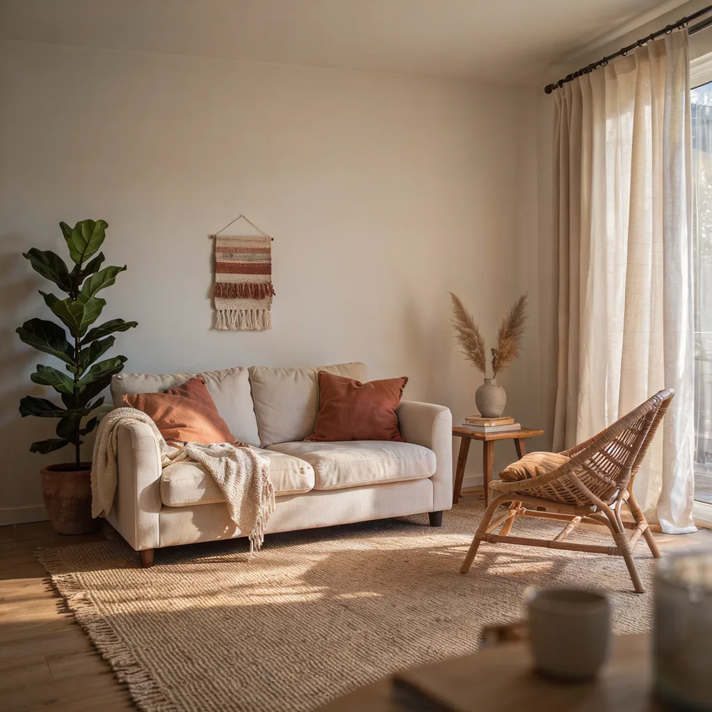 Curved neutral sofa in living room