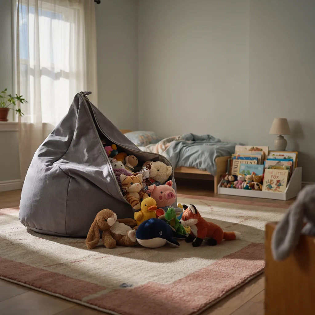 Bean bag chair stuffed with plush toys