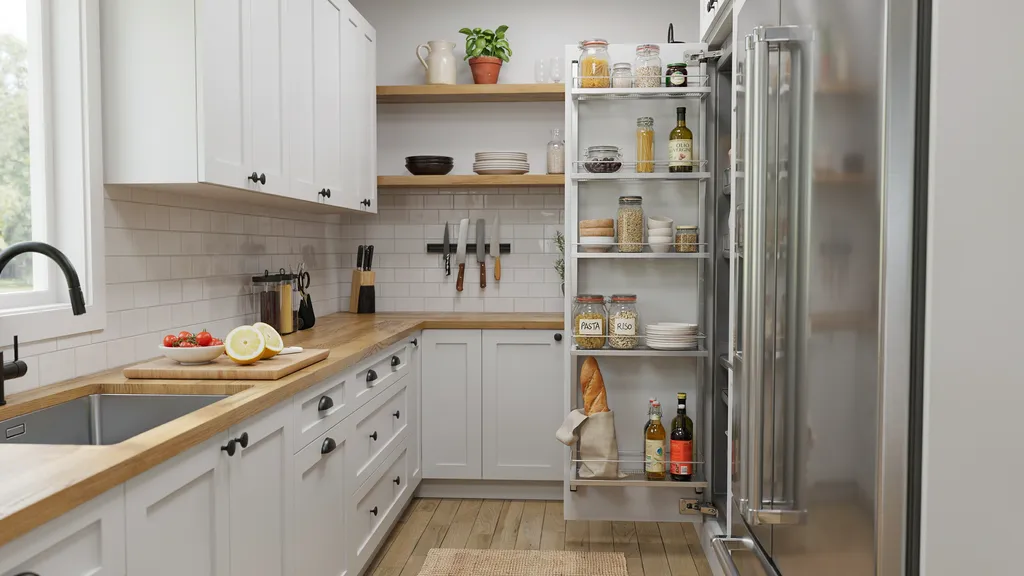 Small modern kitchen with roll-out pantry and magnetic knife track