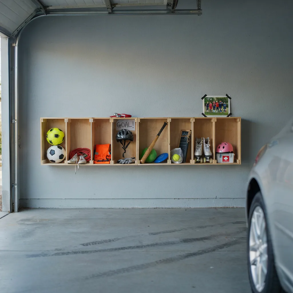 Outdoor toy cubbies mounted on garage wall