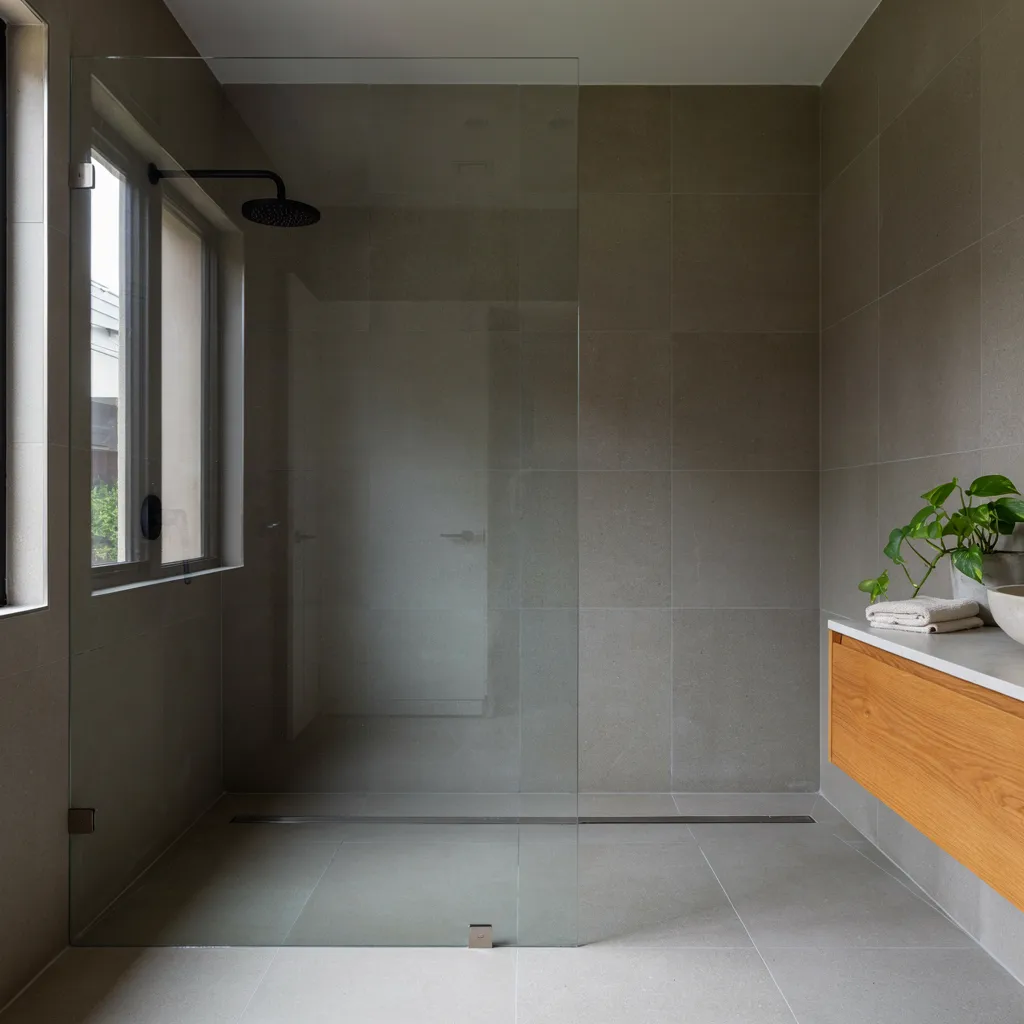 Frameless glass shower with hidden linear drain
